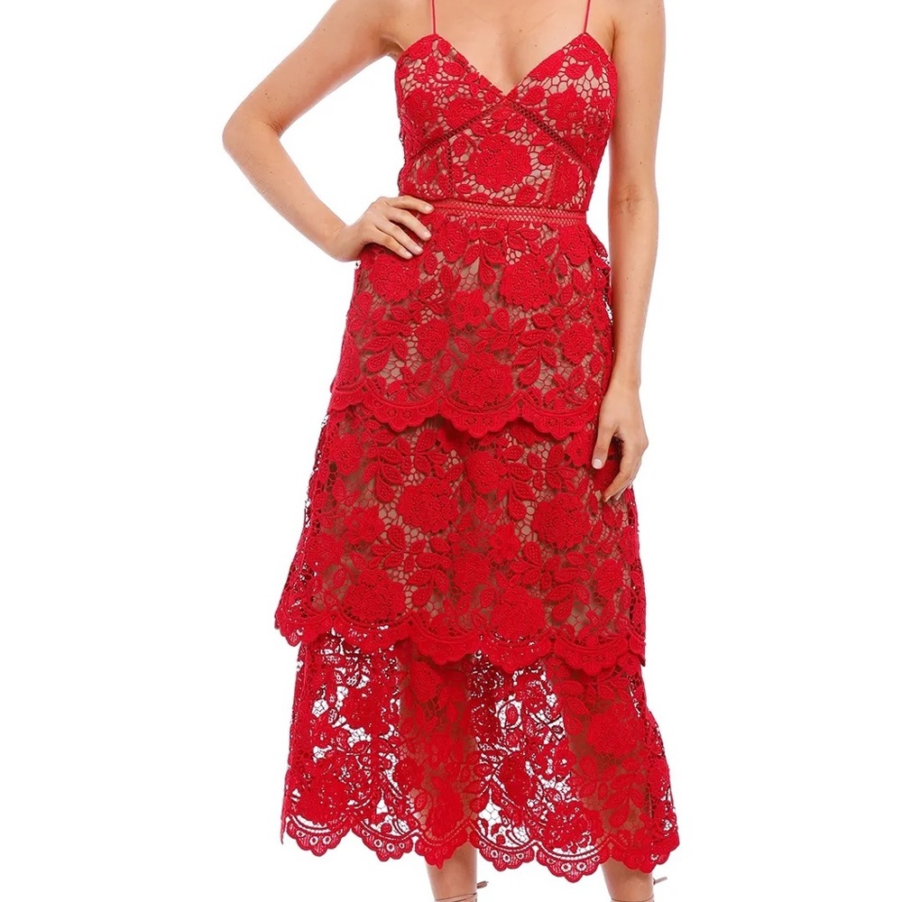 Self-portrait tiered lace midi dress - Fuschia.